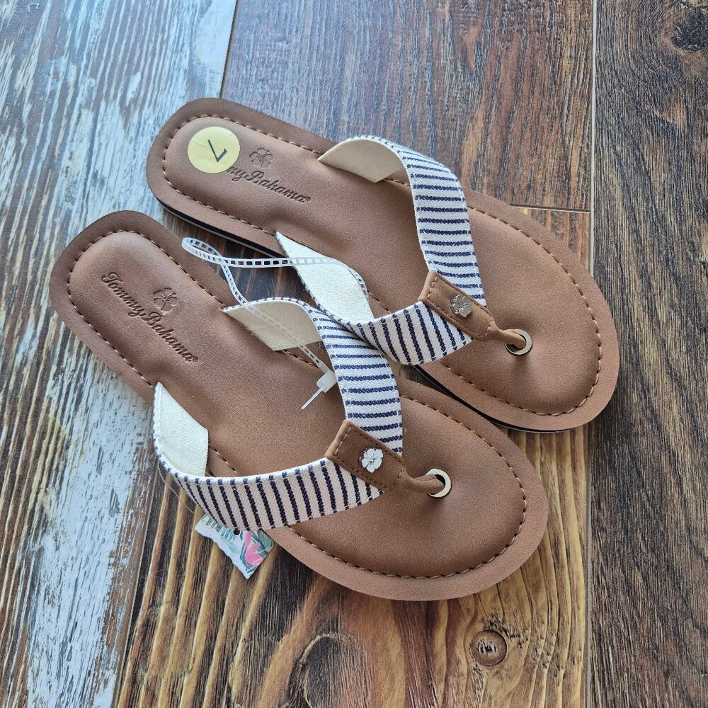 NWoB Tommy Bahama Speedwell Thong Sandals Canvas Stripe Blue White